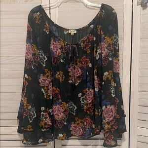 Green Floral Semi Sheer Blouse. XL